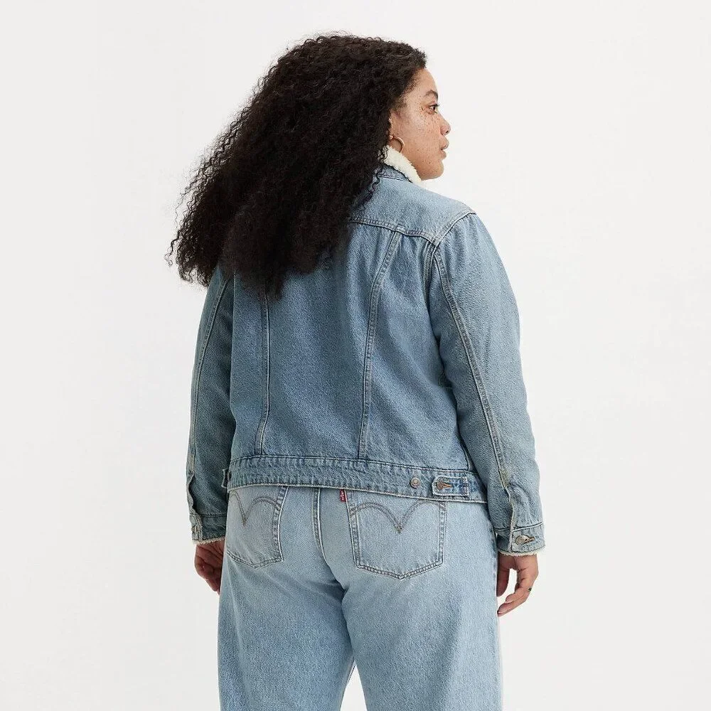 NWT Levi's Original Trucker Denim Jean Jacket Medium Wash Sherpa Lined Collar 1X